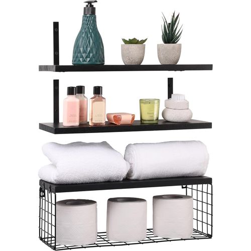 Lot De 3 Étagères Murales Flottantes En Bois Noir-42 Cm De Long-Étagère Murale Bois Rustique Avec Panier-Etagere Murale Bois Pour Chambre,Salon,Cuisine,Salle De Bain Ou Bureau.[Y471]