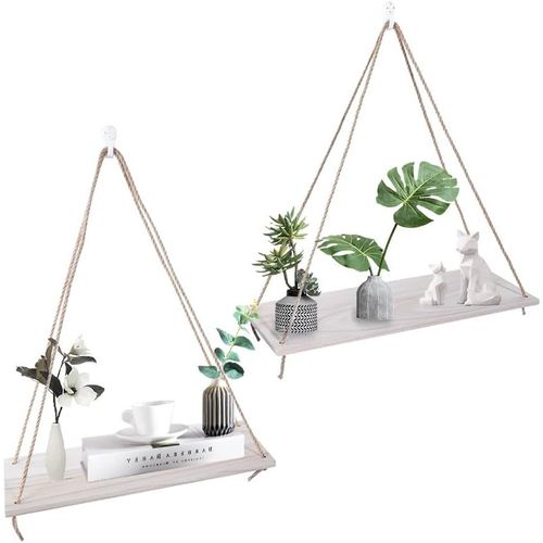 2 Pièces Étagère Murale Flottante En Bois,Etagere Murale Bois Support Mural Suspendu Étagères De Pot De Fleur De Plante Avec Crochets Corde Triangulaire Décoration Moderne(Couleur Du Journal).[Y514]