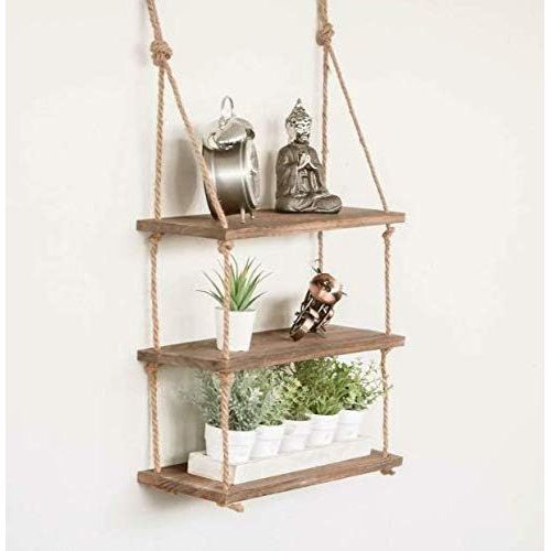 Garden Mile Étagères Rustiques Rectangulaires À 3 Niveaux En Corde De Bois-Rangement Vintage Style Shabby Chic Étagère Murale Flottante-Étagères Décoratives Pour Couloir,Cuisine,Chambre À.[Y567]