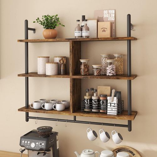 Étagère Flottante Pour Cuisine,Étagère Murale À 3 Niveaux,Échelle De 106 Cm,Pour Bar À Café,Suspendue Avec Tube Circulaire,Étagère De Rangement Pour Salon,Cuisine,Marron Rustique.[Y575]