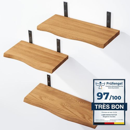 3 Étagères Murales En Bois 42/36/30cm|Etagère Murale En 100% Bois Massif|Etagère Murale Pour Salon,Chambre À Coucher|Étagères Murales Set 1 Bord Naturel Couleur: Rustique.[Y698]