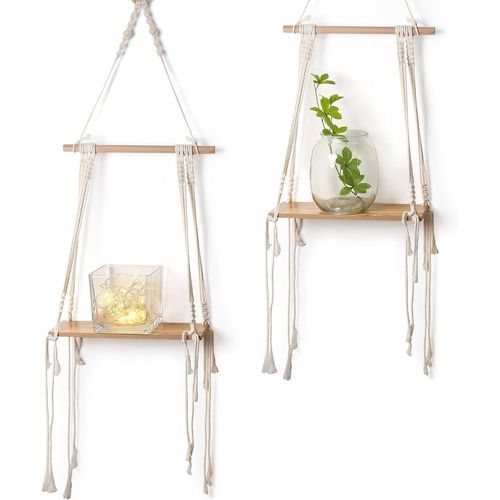2 Étagère Murale Bois,Deco Chambre En Blanc Macramé,Etagere Suspendue Flotté Style Bohème Décoration Pour Salle,Salon,Cuisine (Carrée).[Y716]