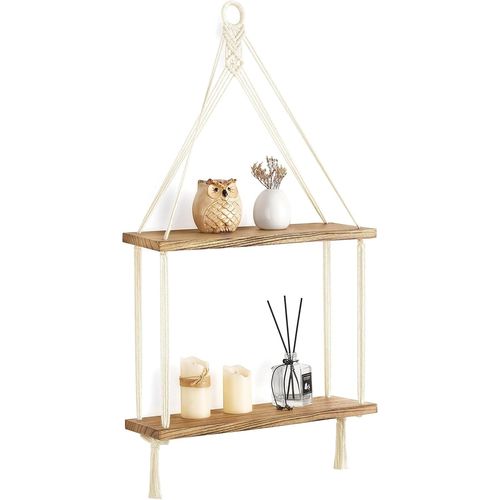 Étagère Murale Bohème À 2 Niveaux En Corde De Coton Faite À La Main En Macramé-Étagères Flottantes En Bois Rustique Pour Photos,Plantes-Étagère De Rangement À Suspendre Pour Salon,Chambre.[Y842]