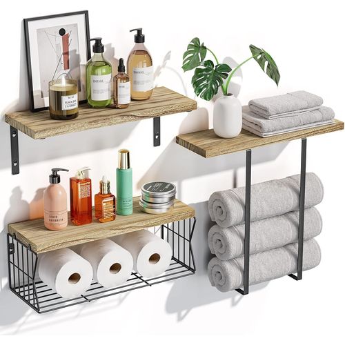 Etagere Murale Pour Mur Lot De 3+2,Etagere Salle De Bain Avec Porte-Papier Et Porte-Serviettes,Etagères Murales Au-Dessus Des Toilettes,Tablette Murale Pour Bain,Salon,Cuisine,Chambre À Couch.[Y933]