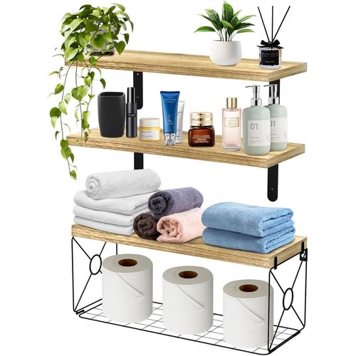 Étagères Flottantes Avec Panier Mural Suspendu,Ensemble De 3 Étagères Murales Flottantes,40 Cm Étagère Murale Bois Pour Salle De Bain Chambre Salon Maison Décoration Murale,Rustique.[Y964]
