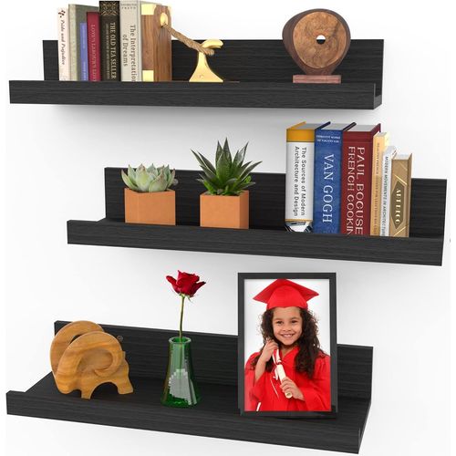 Lot De 3 Étagères Murales Flottantes De 40 Cm En Noir Ébène,Style Rustique Moderne,Présentoirs Muraux,Corniches Pour Photos.[Y1138]