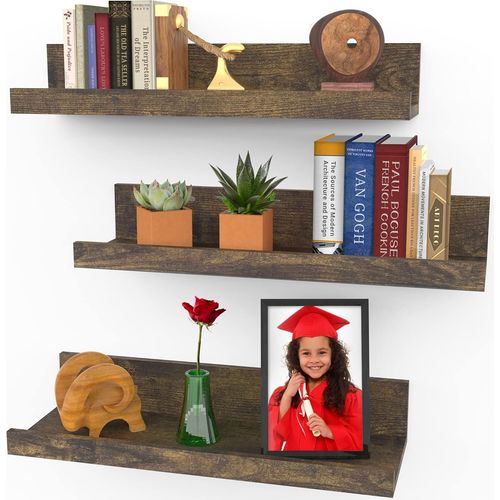 Lot De 3 Étagères Murales Flottantes De 40 Cm En Noyer Marron,Style Rustique Moderne,Présentoirs Muraux,Corniches Pour Photos Par.[Y1142]
