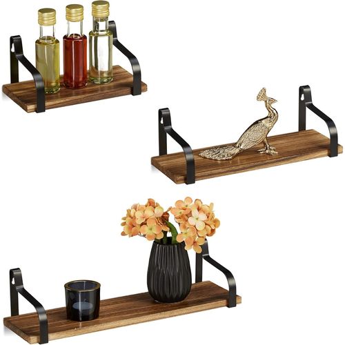 Étagère Murale À Suspendre Lot De 3 Rustique Bois Métal Moderne,Déco Rangement,23,33 & 43 Cm,Nature,Fer.[Y1454]