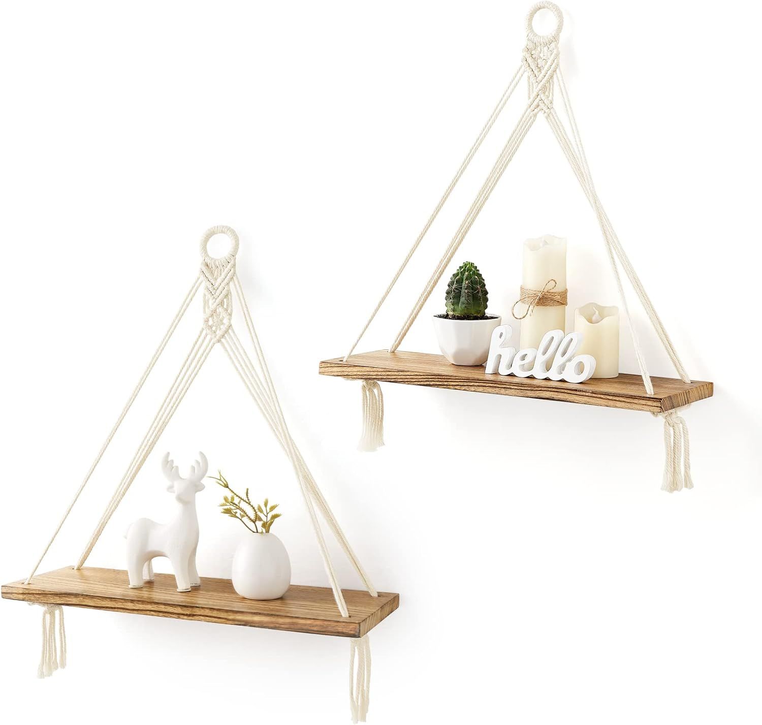 Lot De 2 Étagères À Suspendre En Macramé-Décoration Murale Bohème En Bois Rustique Pour Chambre À Coucher,Salle De Bain,Salon,Chambre D'enfant,Dortoir.[Y252]