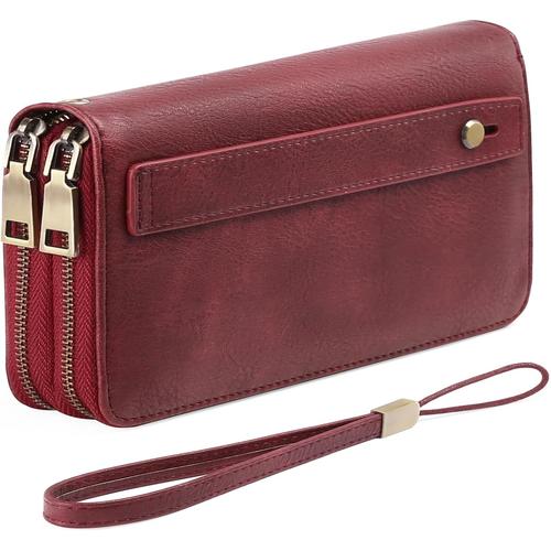 Portefeuille Femme Grand,Porte Feuille Feminin Cuir Végétalien Double Fermeture à Glissière,RFID Porte chequier,avec Multiples Poches Portefeuilles et Porte-Cartes Idee Cadeau Femmes