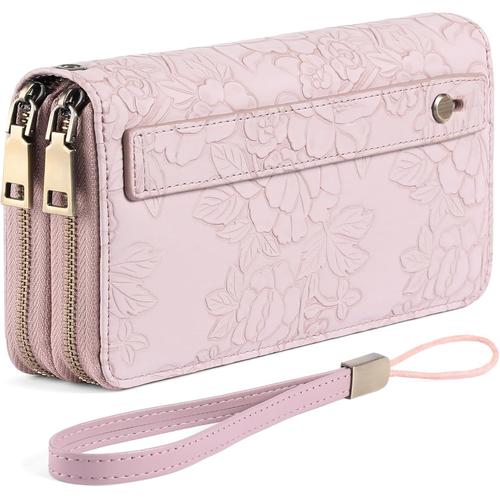 Portefeuille Femme Grand,Porte Feuille Feminin Cuir Végétalien Double Fermeture à Glissière,RFID Porte chequier,avec Multiples Poches Portefeuilles et Porte-Cartes Idee Cadeau Femmes