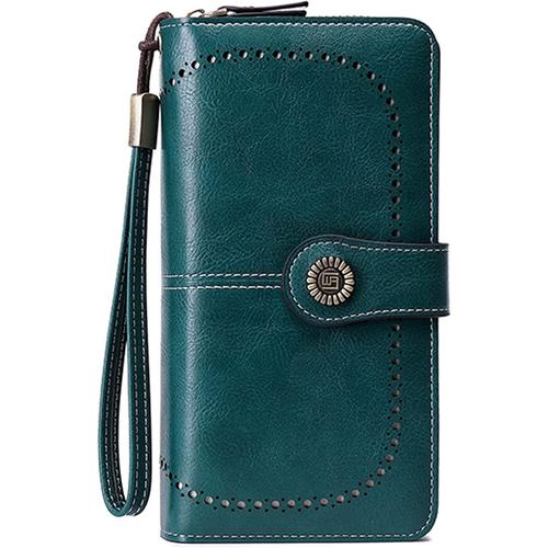 Portefeuille Femmes Porte Monnaie RFID Blocage Porte Cartes Dames Longue Porte Chequier Grand Portefeuille avec Dragonne Bleu