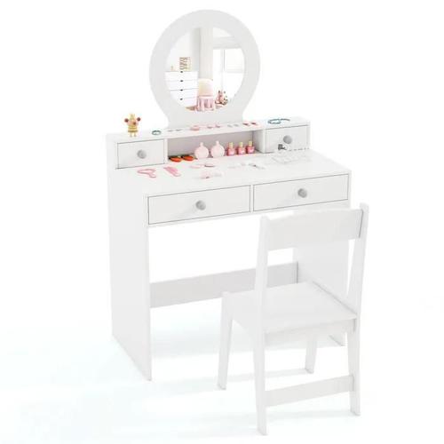 Costway Coiffeuse Enfants 3 Ans+ Avec Chaise Et Miroir Acrylique, Etagère Ouverte Et 4 Tiroirs De Rangement, Blanc