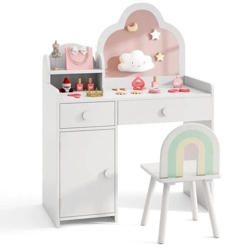 Costway Coiffeuse Pour Enfants 3 À 7 Ans Avec Chaise, Miroir En Forme De Nuage, Etagère Ouverte, Tiroirs, Armoire Fermée
