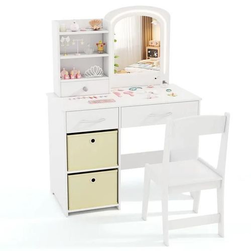 Costway Coiffeuse Pour Enfants Avec Chaise, Miroir Lumineux Étagères Ouvertes Et Tiroirs De Rangement, Blanc
