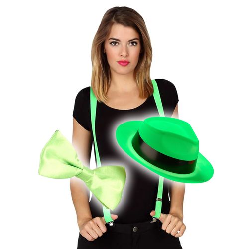Kit Accessoires Bretelles Chapeau Et N?ud Papillon Vert Fluo Adulte