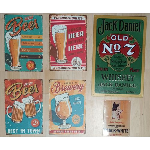 Lot de 6 plaques murales vintage/rétro bière et whiskies - décoration murale. 20 x30 - 15 x20 - 43 x 27