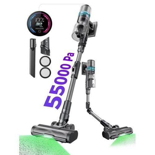 Proscenic Aspirateur balai sans fil P16 - Tube pliable - 55Kpa/550W - Autonomie 55 Min - Brosse à Plancher LED Verte - Gris