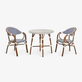 Ensemble Table Ronde Bistro Brielle Ø80 Cm Et 2 Chaises De Salle À Manger Empilables Avec Accoudoirs En Aluminium Bleu Ken - Blanc Gardenia