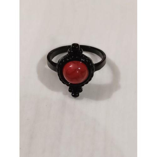 Bague Métal Noir,Forme Ronde Et Pierre Resine Rouge Marbré,Taille 17.2