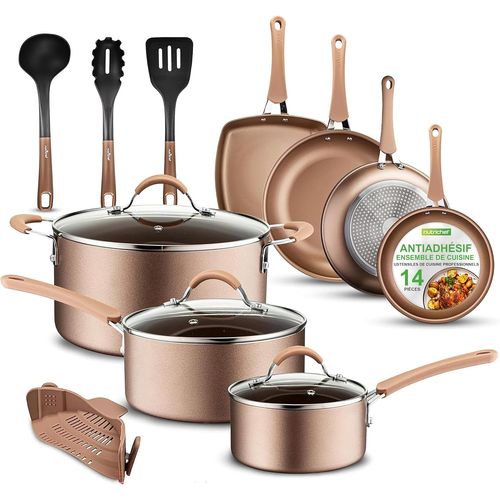 Batterie De Cuisine Antiadhésive, Poele Et Casserole Induction, Revêtement Résistant À La Chaleur,Comprenant Casseroles,Poêles, Cocotte, Couvercles Et Ustensiles De Cuisine,Doré,14 Pcs[X367]