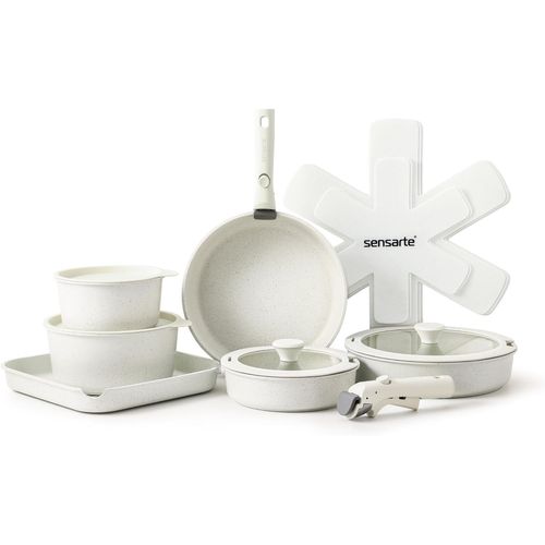 Batterie De Cuisine 17pcs, Lot De Casseroles Et Poêles Induction Avec Couvercle, Poignées Amovibles, Revêtement Antiadhésif, Empilable, Compatible Lave-Vaisselle,Sans Pfoa Et Pfos (Blanc)[X39]