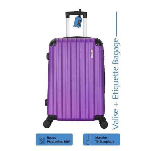 Valise Cabine 55cm ABS Rigide Swift Violet + Étiquette Bagage Offerte - 4 Roues 360 - 25kg - 39L ¿ ADC