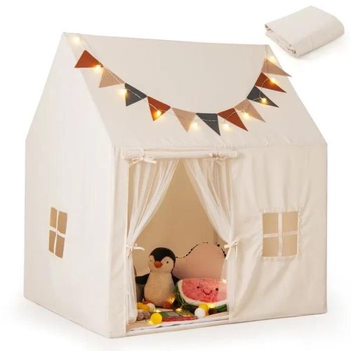 Tente De Jeu Pour Enfants Costway-Tapis Antidérapant Rembourré-Drapeaux-Guirlandes Lumineuses-Fenêtres-Pour Enfants 3+ Ans-Beige