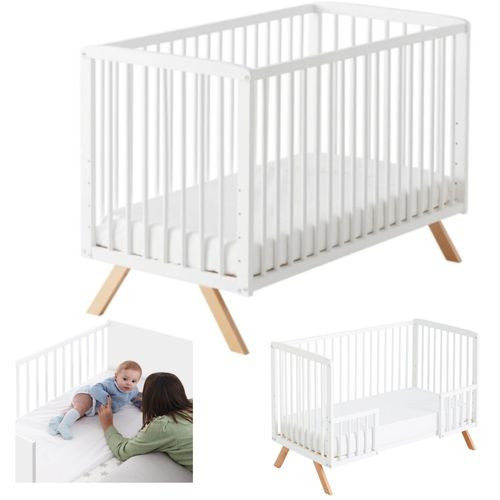 Lit Bébé Évolutif Nuru. Inclus : Kit De Cododo Pour Fixer Le Lit En Toute Sécurité Au Lit Des Parents Et Barrières Blanches Pour Le Transformer En Lit. Conforme Aux Normes Européennes.
