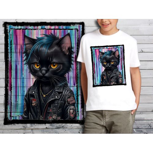 T-Shirt Blanc Enfant Chaton Punk Rock Petit Chat Noir Blouson Noir 684
