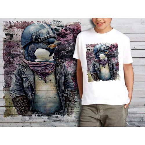T-Shirt Blanc Enfant Pingouin Biker Blouson De Cuir 715