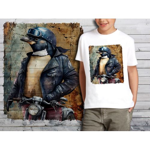 T-Shirt Blanc Enfant Pingouin Biker Blouson De Cuir 714