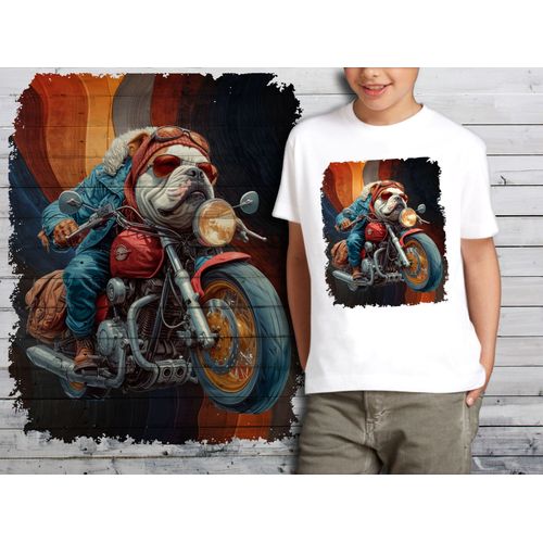 T-Shirt Blanc Enfant Chien Bulldog Biker 716