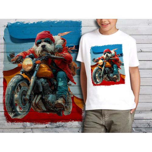 T-Shirt Blanc Enfant Chien Biker 717
