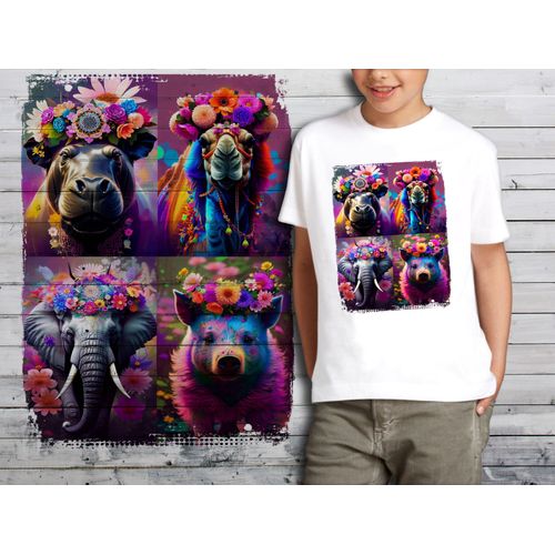 T-Shirt Blanc Enfant Animaux Multicouleur Fleurs 734