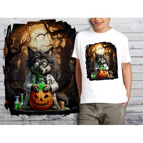 T-Shirt Blanc Enfant Animal Fou Loup Halloween 836