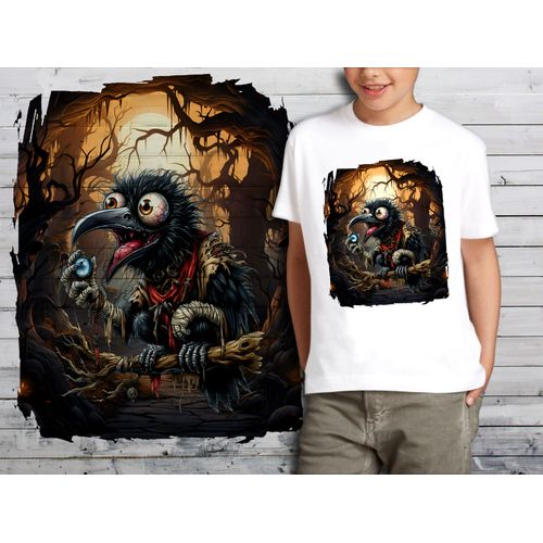 T-Shirt Blanc Enfant Animal Fou Corbeau Halloween 837