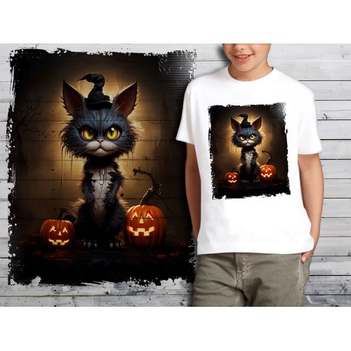T-Shirt Blanc Enfant Style Burton Chat Dark Halloween Bad Cat 800