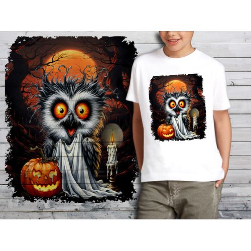T-Shirt Blanc Enfant Animal Fantome Effraye Halloween Chouette 875
