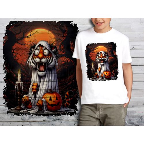 T-Shirt Blanc Enfant Animal Fantome Effraye Halloween Tigre 874