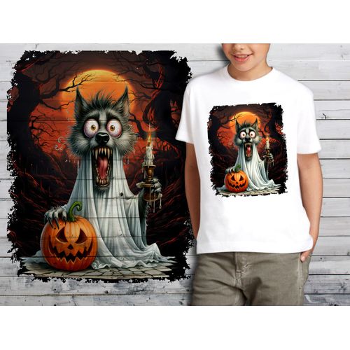 T-Shirt Blanc Enfant Animal Fantome Effraye Halloween Loup 883