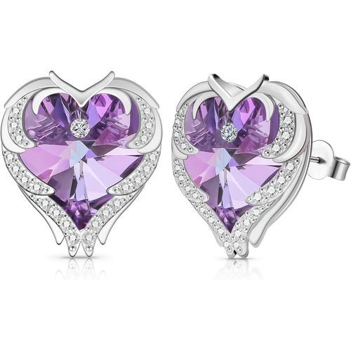 Boucles D'oreilles Aile D'ange Plaqué Or Blanc 18k Pour Femme,Boucles D'oreilles Avec C?Ur En Cristal Autrichien Pour Filles, Bijoux De Cadeaux De Noël D'anniversaire Pour Femme Maman Épouse[Q2468]