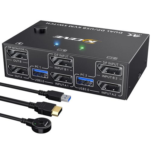 8K Displayport Kvm Switch Dual Monitor 8K@30Hz 4K@144Hz, Kvm Switch 2 Pc 2 Monitor Pour 2 Ordinateurs Partager 2 Écrans Et 4 Ports Usb 3.0, Supportent Des Modes Miroir Et Affichage[DNZ060018]