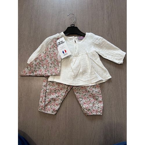 Ensemble 3 Pièces Fille (6-24 Mois) - 100% Coton - Haut Blanc, Pantalon Fleuri Et Bandeau Assorti