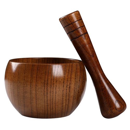 Mortier en bois poli à la main à l'ancienne,pilé,rond,lisse,ensemble de pilons,broyeur d'herbes,épices,grains,belle,jarre1995 - Type Brown