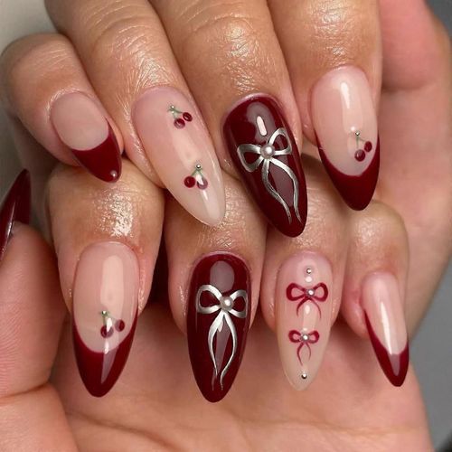 Amande Rouge Bordeaux Français Cerises Noeud Papillon Muster Perle Diamant Presse Sur Les Ongles Avec Colle À Ongles, La Saint-Valentin Vin Foncé Rouge Noeud Faux Ongles 