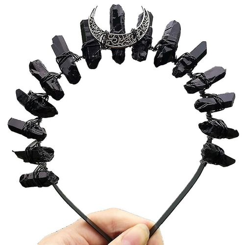 Brassard En Cristal Brut Couronne Bandeau, Quartz Noir Strass Lune Déesse Sorcière Coiffe Femmes Filles
