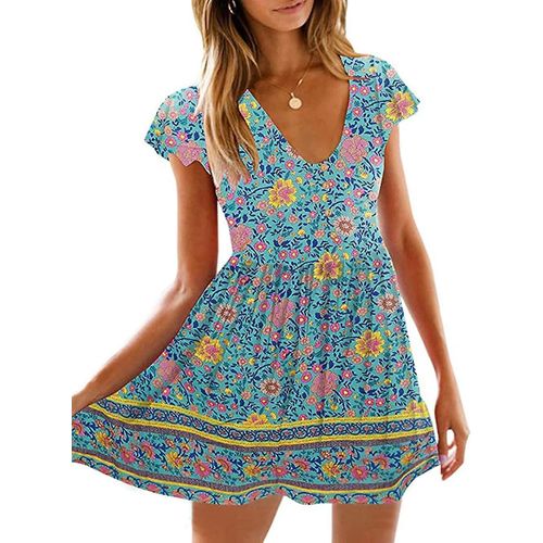 Femme 2021 Été Hot Manches Courtes Col V Taille Haute Imprimé Floral Mini Boho Robe Soleil Avec Bouton Moyen
