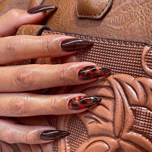 Amande Foncée Léopard Rouge Chocolat Brun Presse Sur Les Ongles Avec De La Colle À Ongles, Faux Ongles En Acrylique Brun Chocolat 