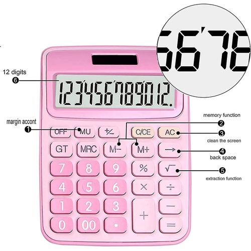 Calculatrice, calculatrice de bureau de base à 12 chiffres, batterie solaire double alimentation avec grand écran LCD et gros boutons Calculatrice de bureau (rose)